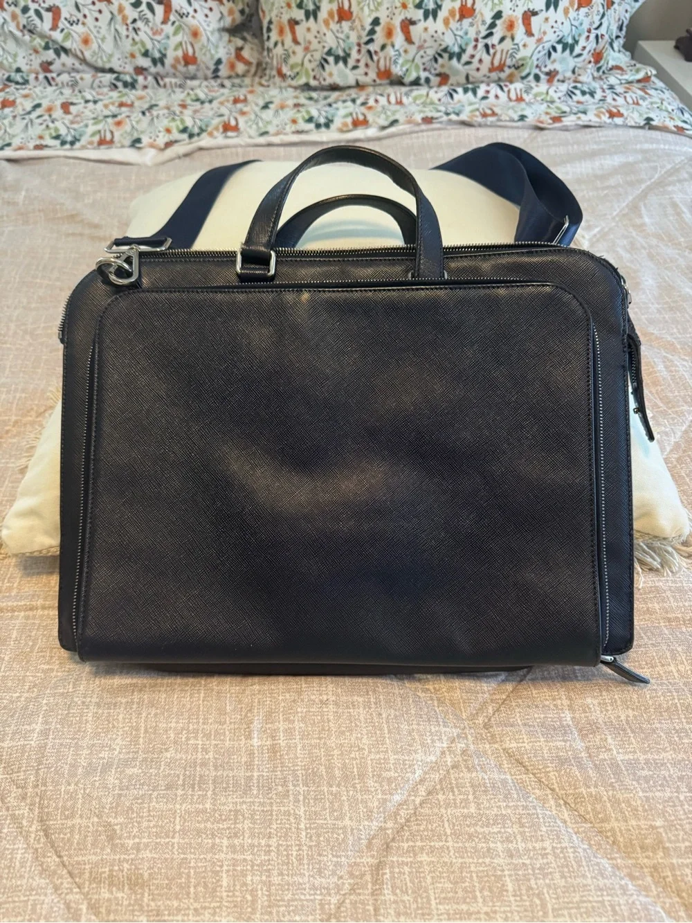 Prada Navy (Bluette) Saffiano Leather Briefcase with Shoulder Strap